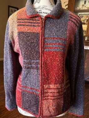 Alfred Dunner Red and Blue Speckled Patchwork‎ Zip Cardigan